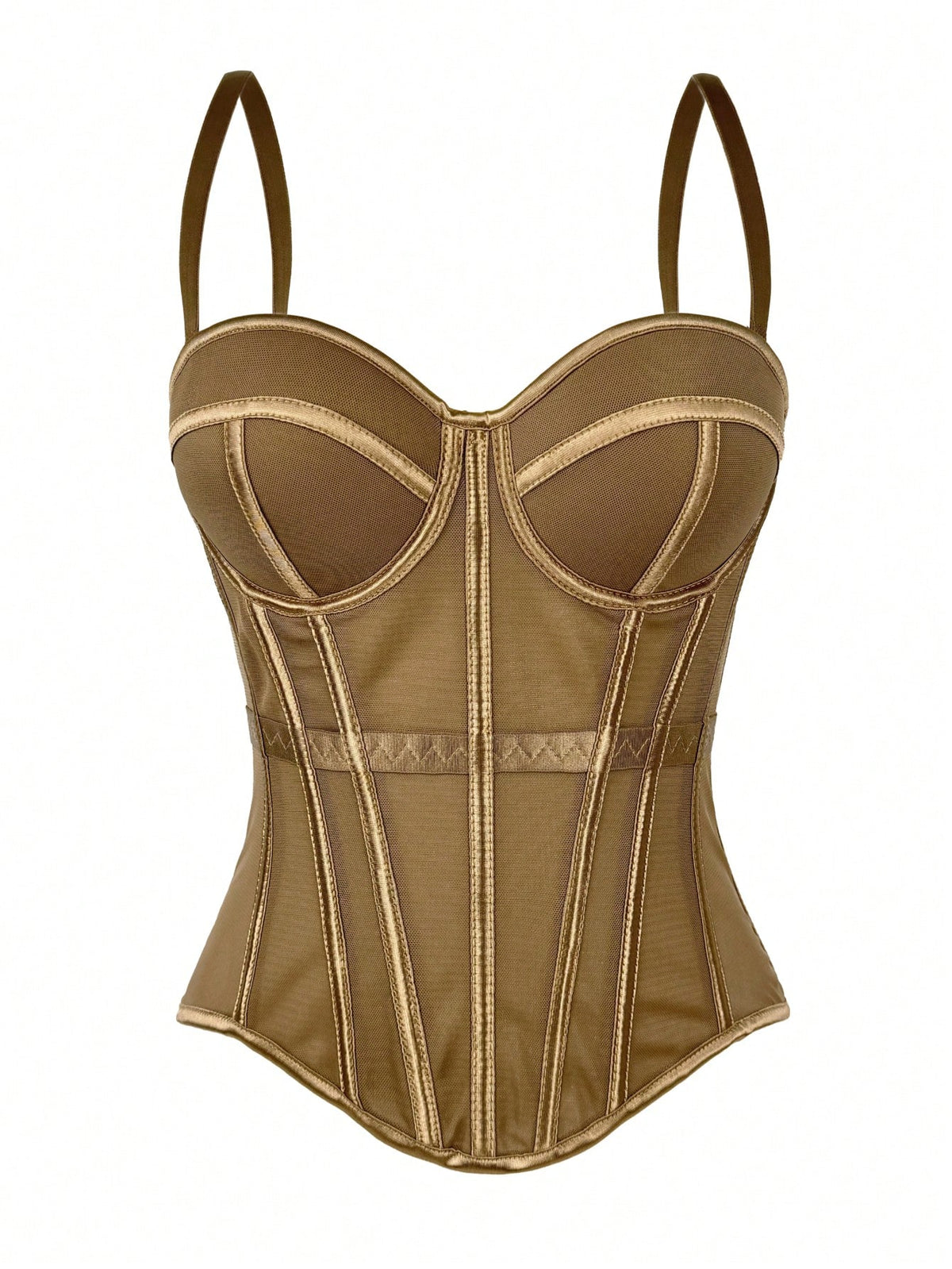 Women's brown backless corset camisole top featuring spaghetti straps, boned structure, and slim fit silhouette.