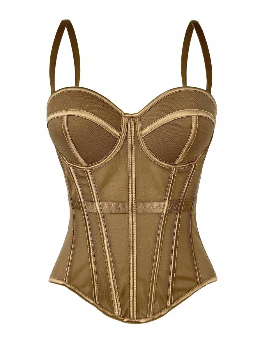 Women's brown backless corset camisole top featuring spaghetti straps, boned structure, and slim fit silhouette.