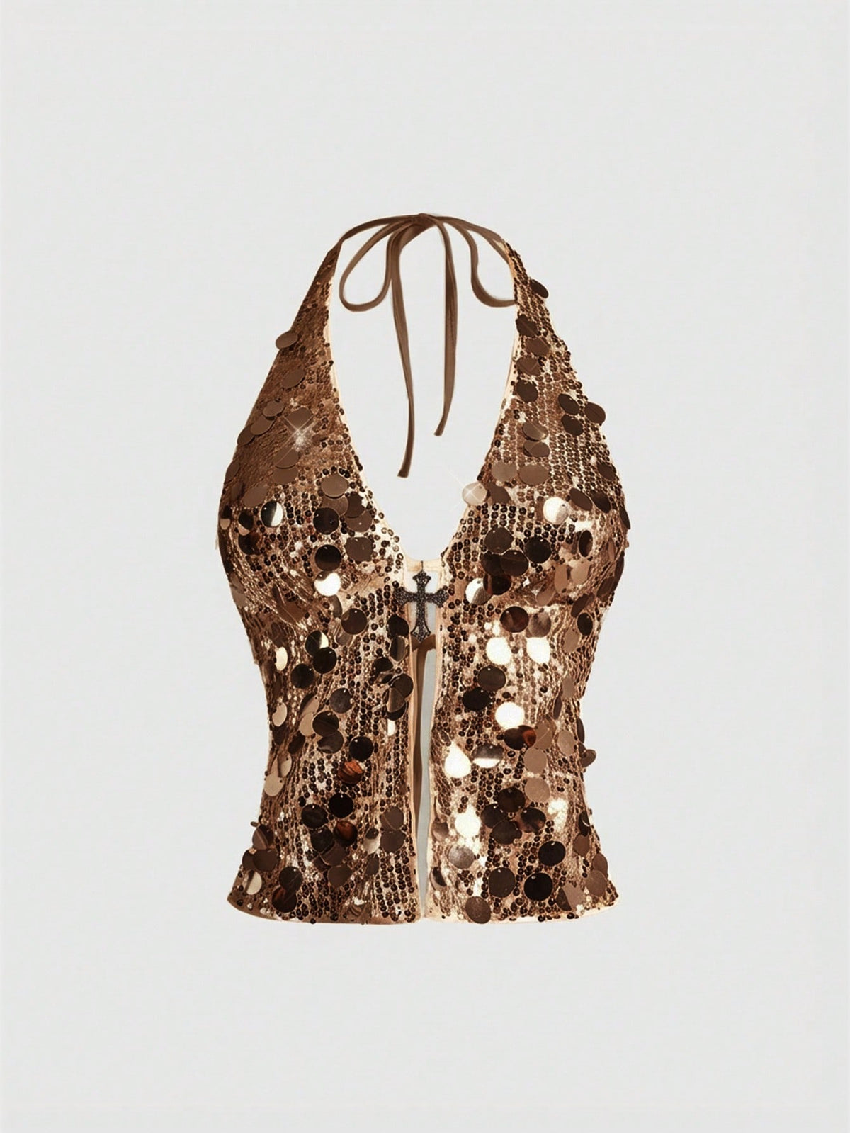 Women's white backless sequin halter neck tank top with knot details and slim fit boho style.