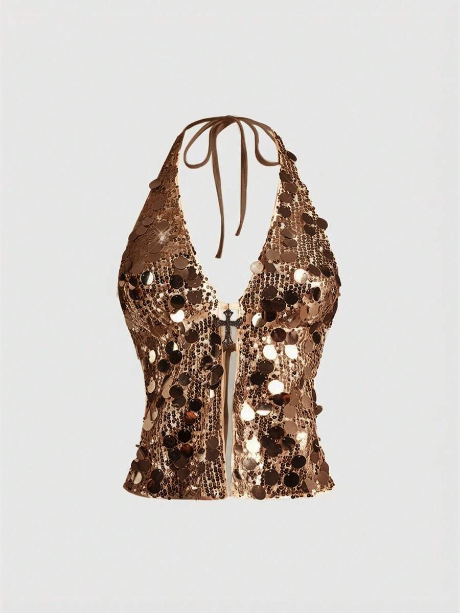 Women's white backless sequin halter neck tank top with knot details and slim fit boho style.