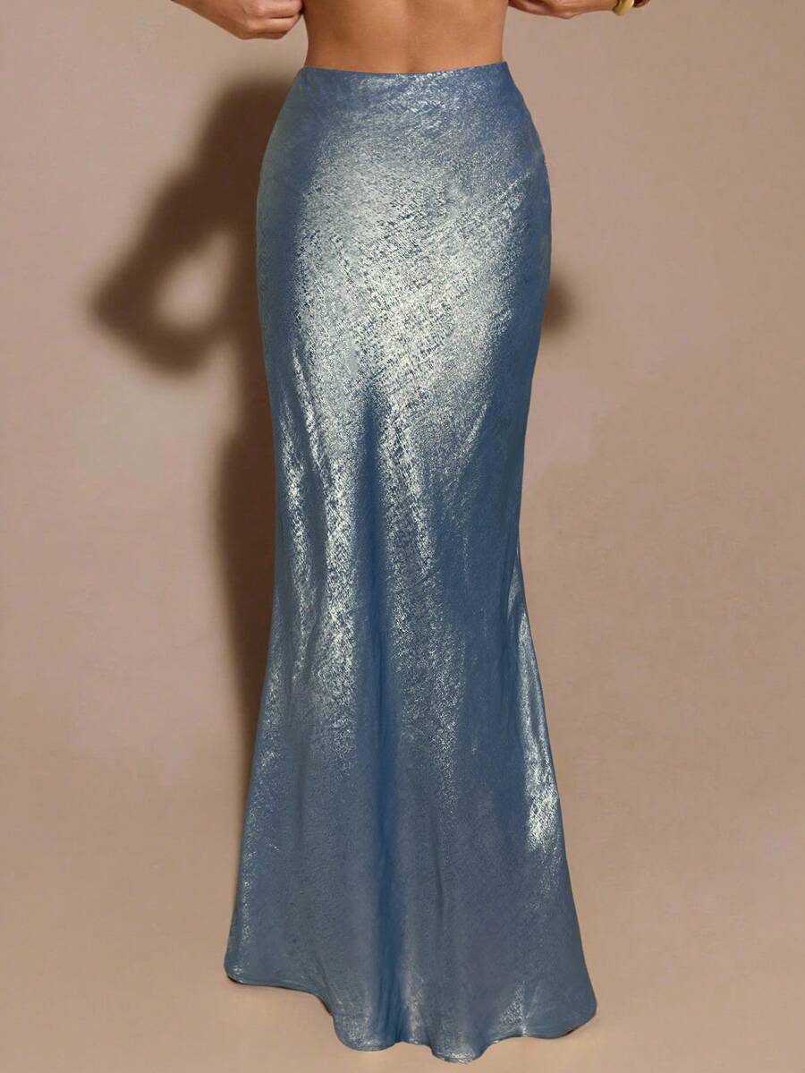 Black low waist extra long mermaid maxi skirt with asymmetrical zipper detail and side slit.