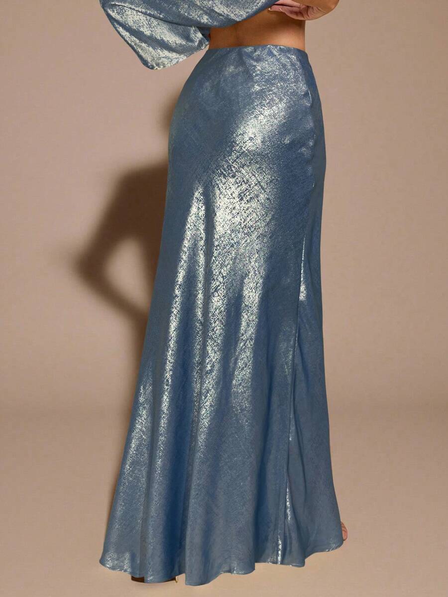 Black low waist extra long mermaid maxi skirt with asymmetrical zipper detail and side slit.
