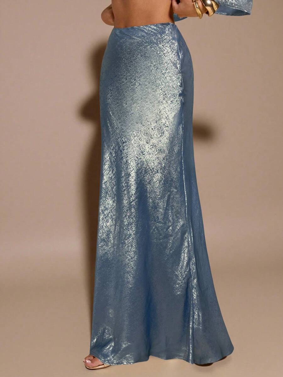 Black low waist extra long mermaid maxi skirt with asymmetrical zipper detail and side slit.
