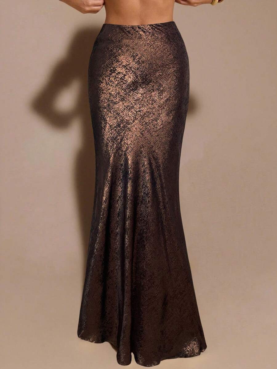 Black low waist extra long mermaid maxi skirt with asymmetrical zipper detail and side slit.