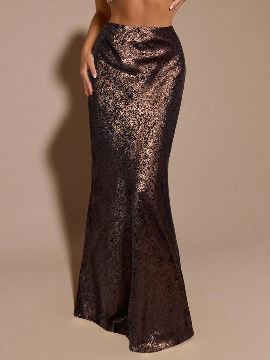 Black low waist extra long mermaid maxi skirt with asymmetrical zipper detail and side slit.