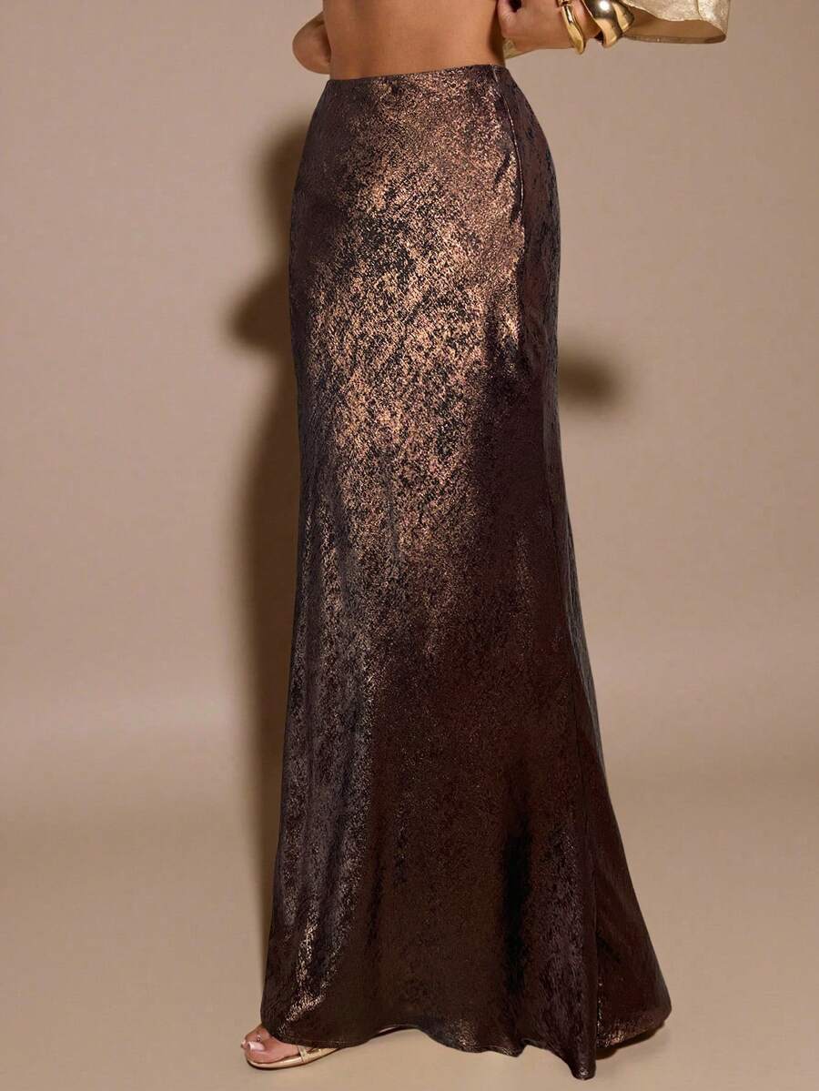 Black low waist extra long mermaid maxi skirt with asymmetrical zipper detail and side slit.