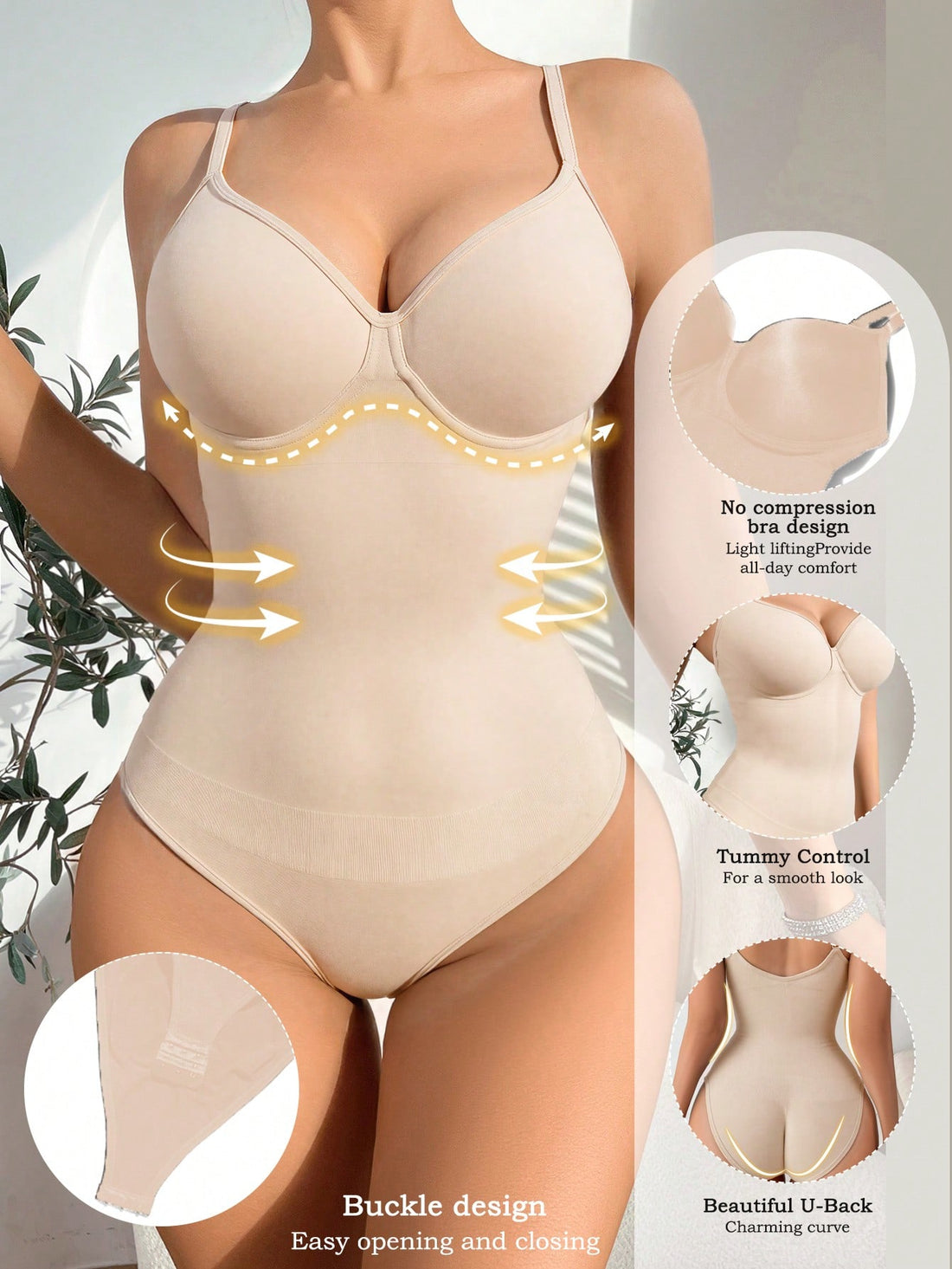 Women's seamless backless camisole bodysuit featuring built-in fixed cups and waist cinching design.