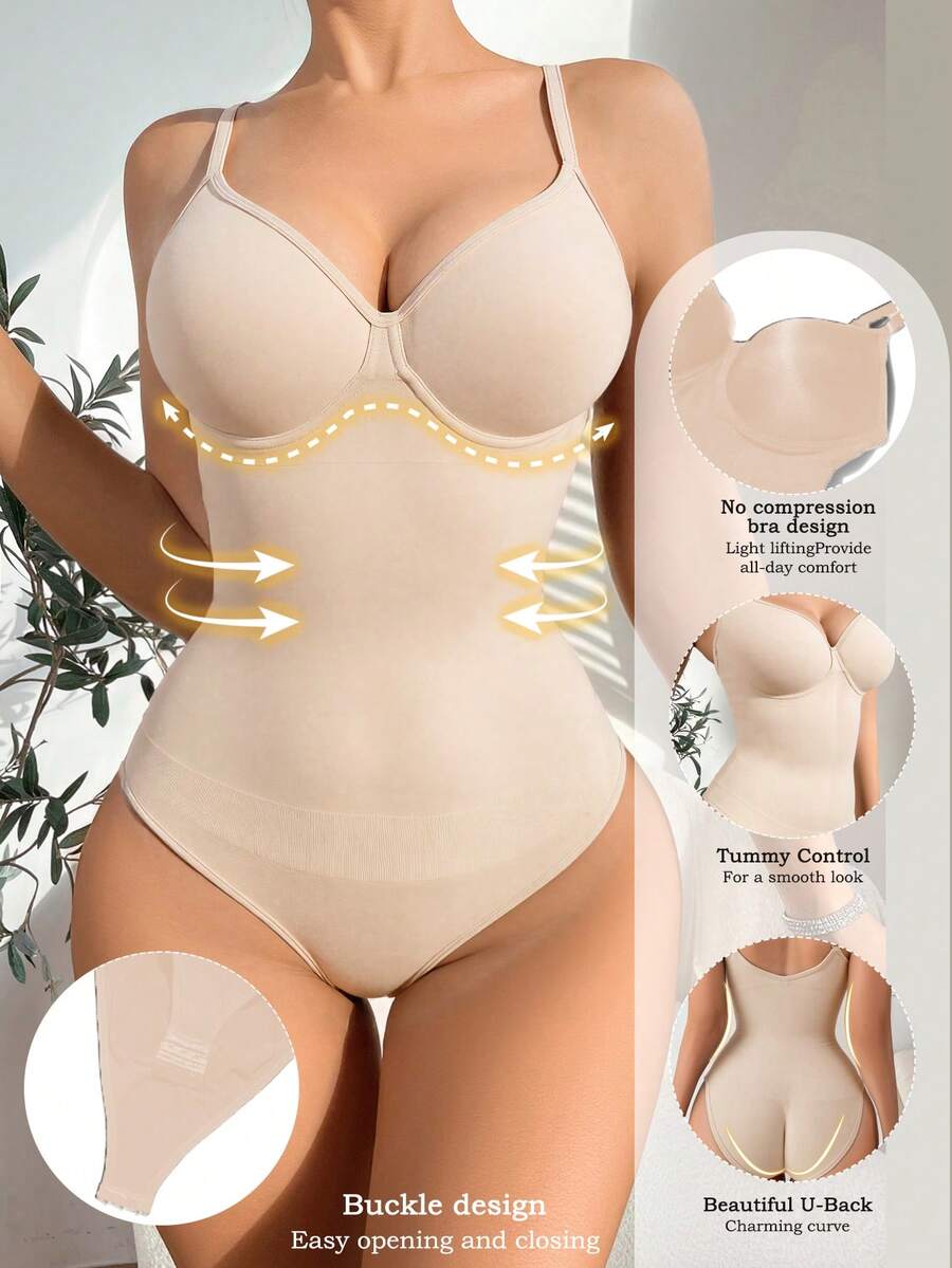 Women's seamless backless camisole bodysuit featuring built-in fixed cups and waist cinching design.