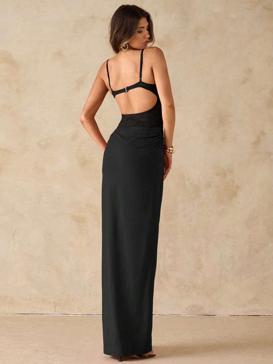 Women's black backless lace patchwork maxi dress with spaghetti straps and mermaid hem.
