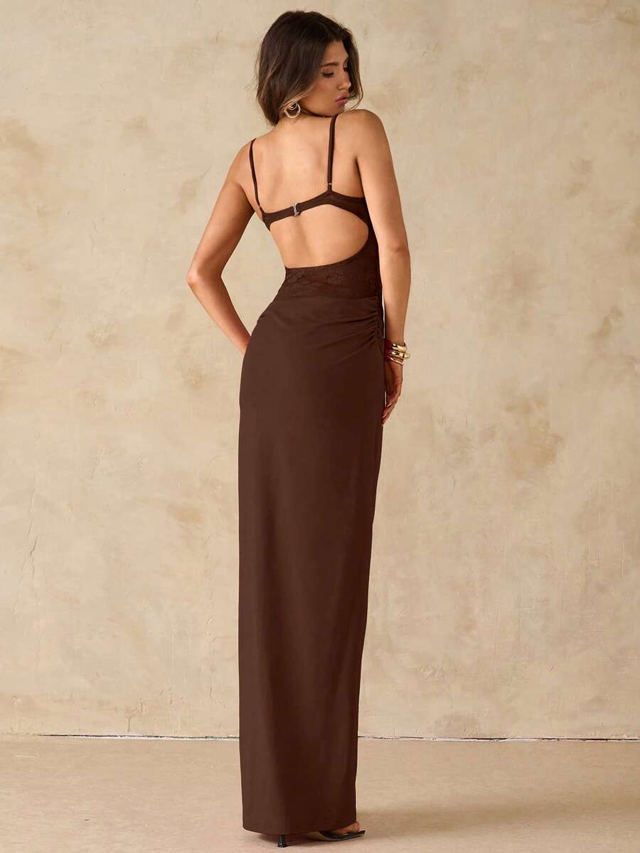 Women's black backless lace patchwork maxi dress with spaghetti straps and mermaid hem.