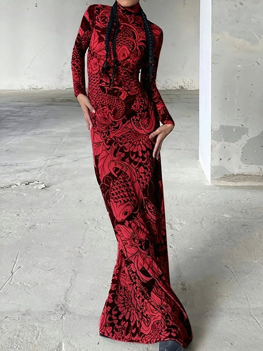 Red graphic print long sleeve mesh maxi dress for women featuring a round neck, semi-sheer bodycon fit, zipper detail, and mermaid hem.