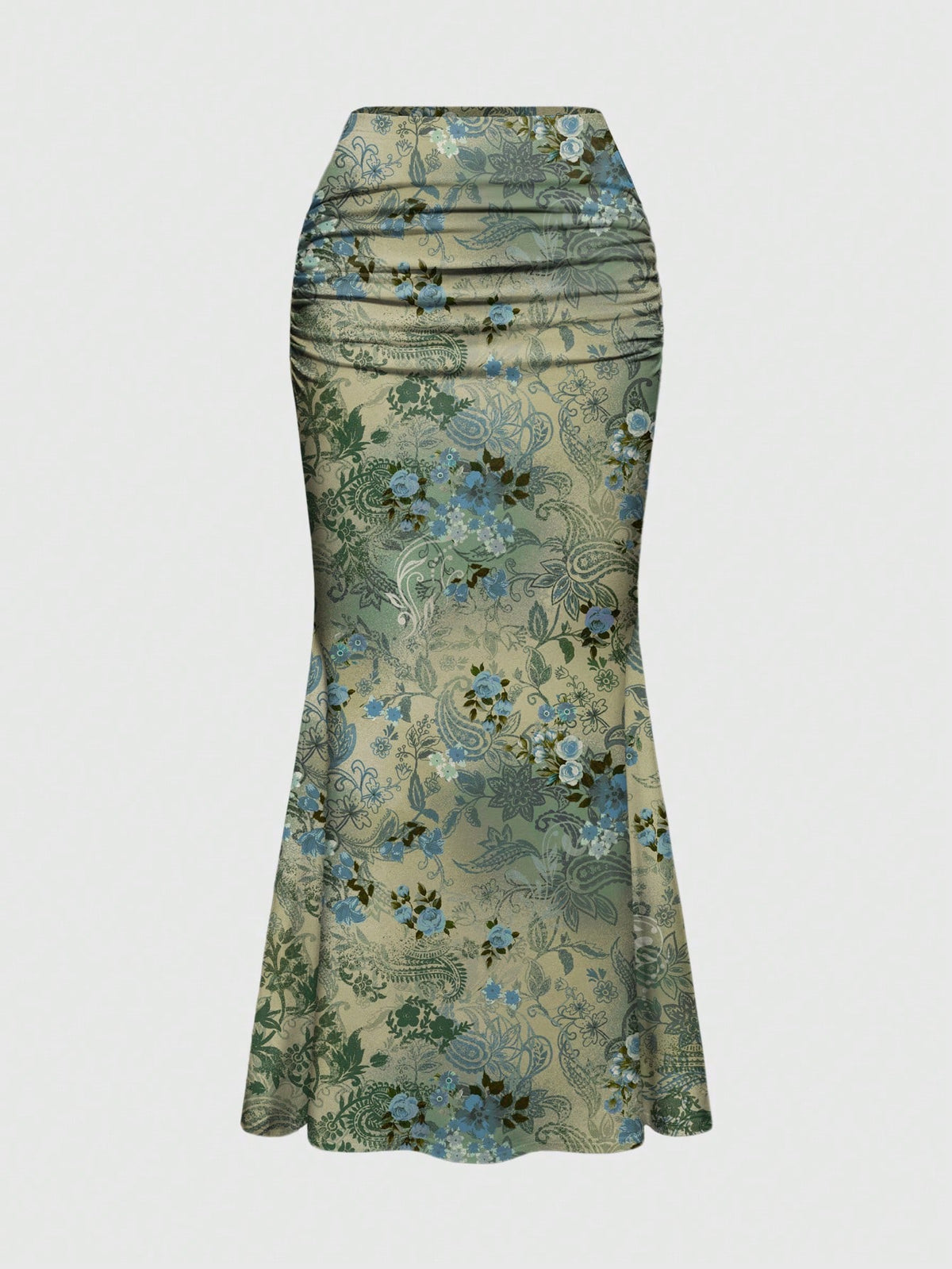 Black low waist ruched bodycon maxi skirt with sun and moon full print pattern on high stretch knitted fabric.
