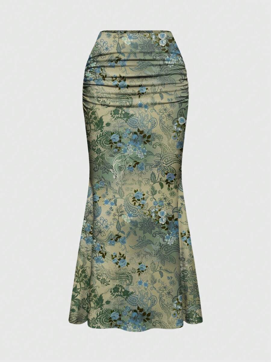 Black low waist ruched bodycon maxi skirt with sun and moon full print pattern on high stretch knitted fabric.