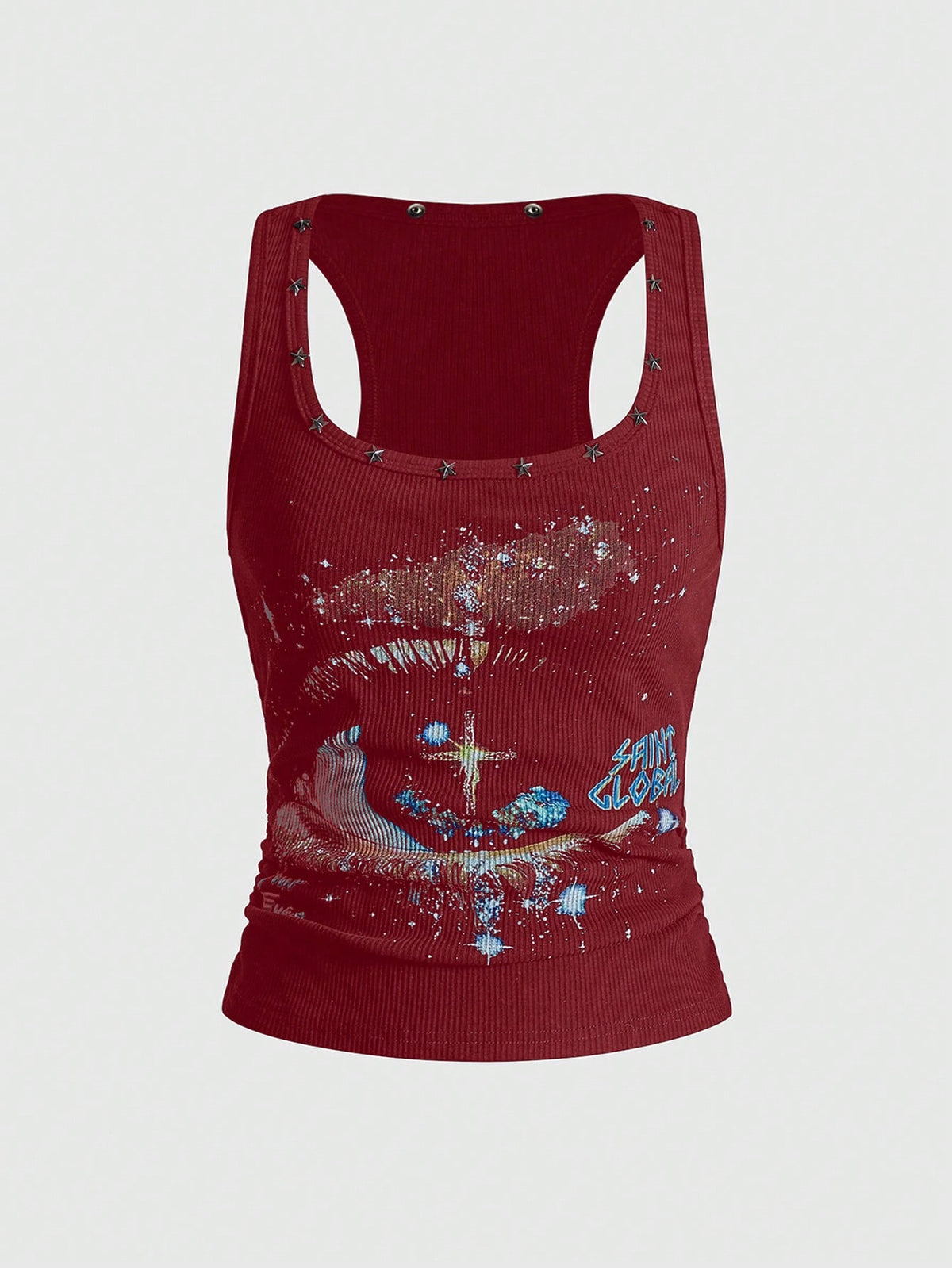 Black scoop neck tank top for women featuring a graphic star print design in a slim fit silhouette.