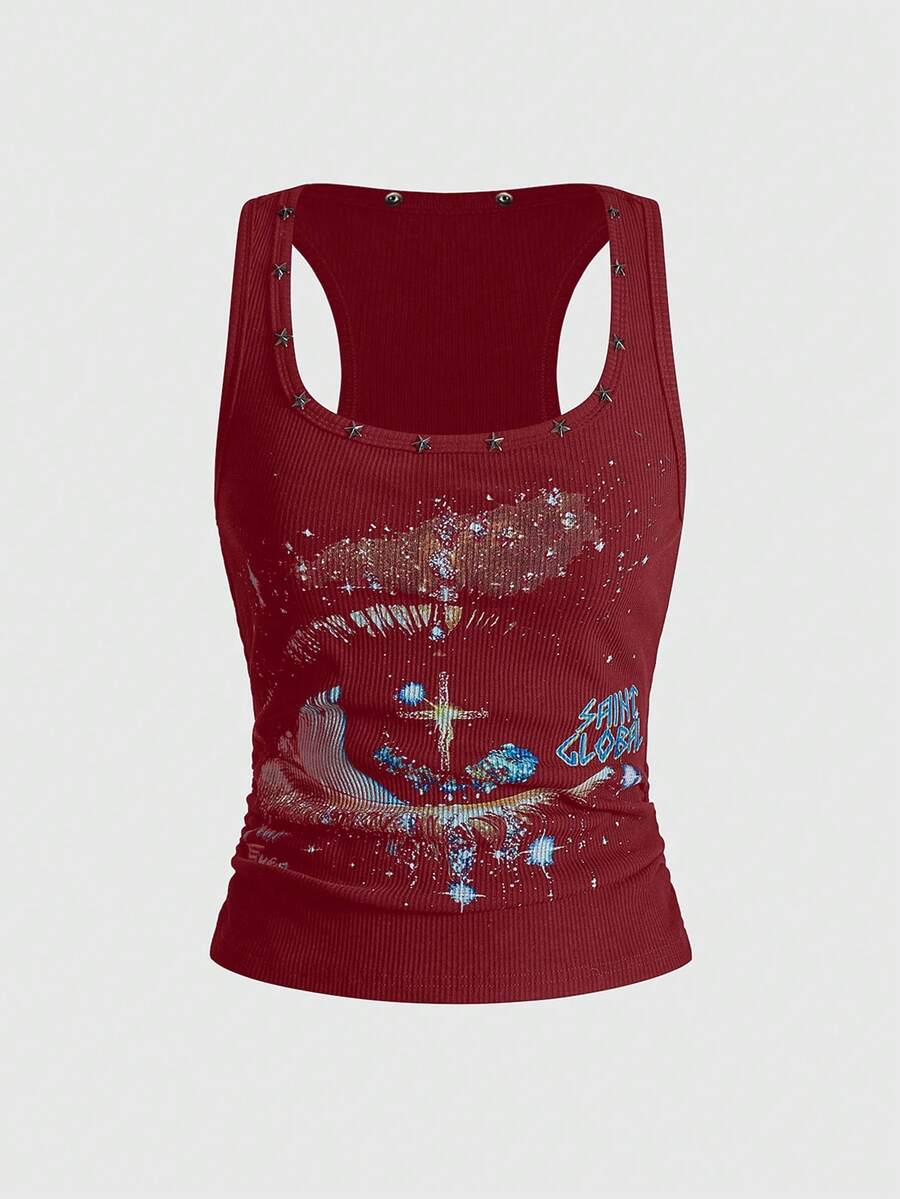 Black scoop neck tank top for women featuring a graphic star print design in a slim fit silhouette.
