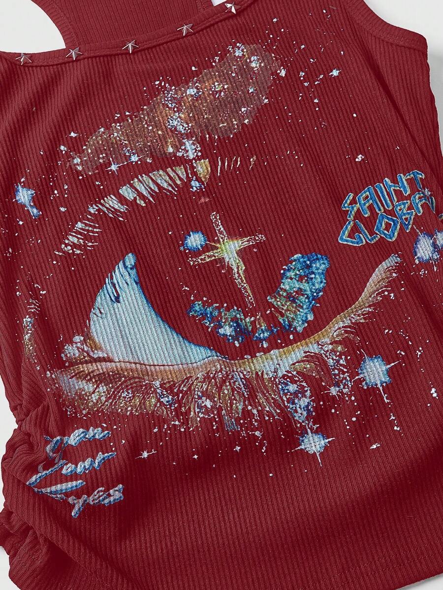 Black scoop neck tank top for women featuring a graphic star print design in a slim fit silhouette.