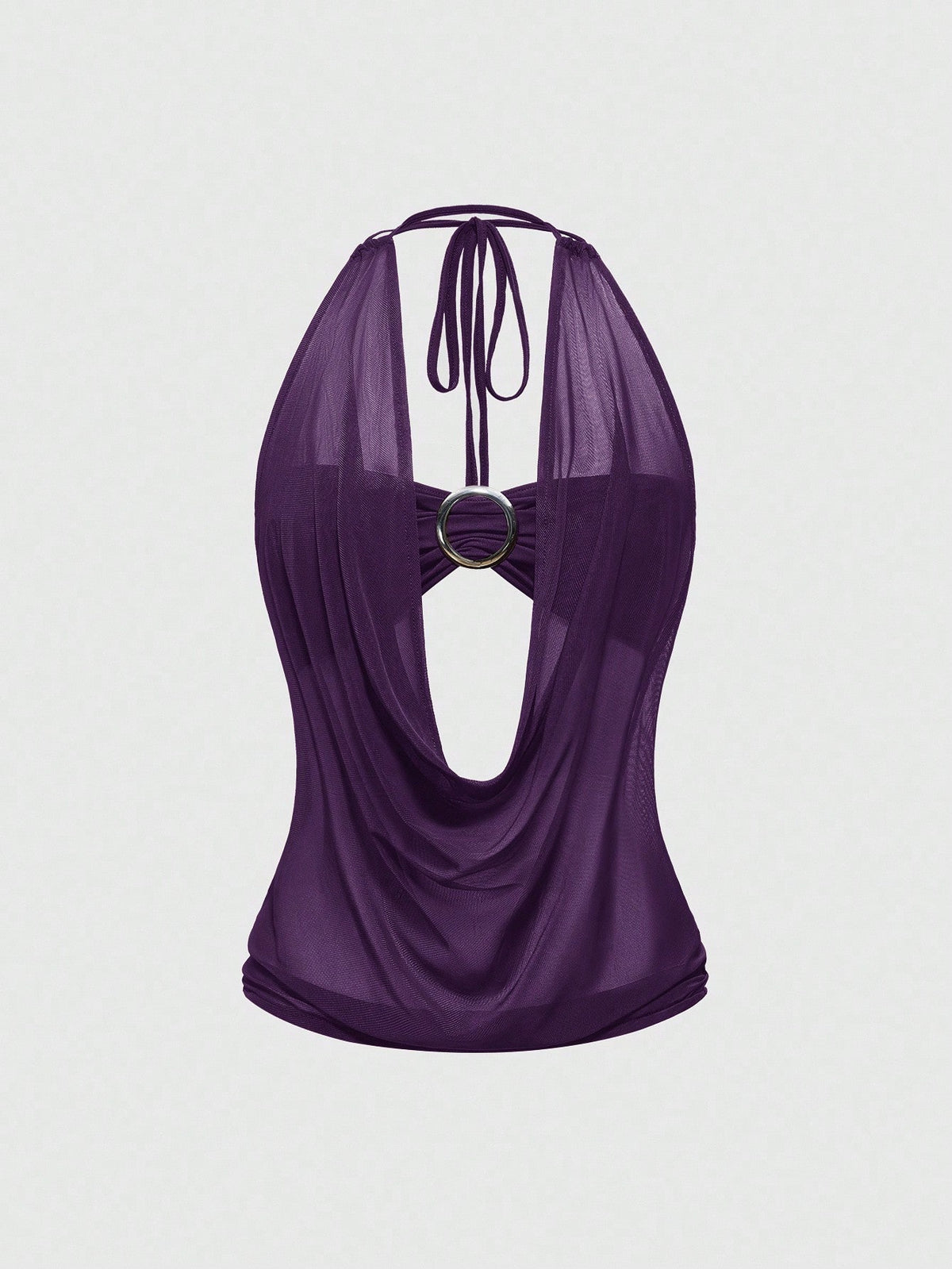 Women's cowl neck halter crop tank top featuring a draped backless design and matching bandeau inner layer.