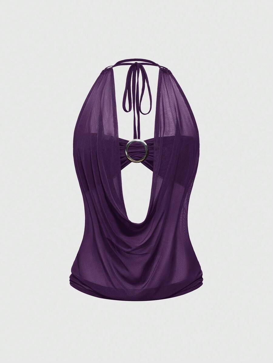 Women's cowl neck halter crop tank top featuring a draped backless design and matching bandeau inner layer.
