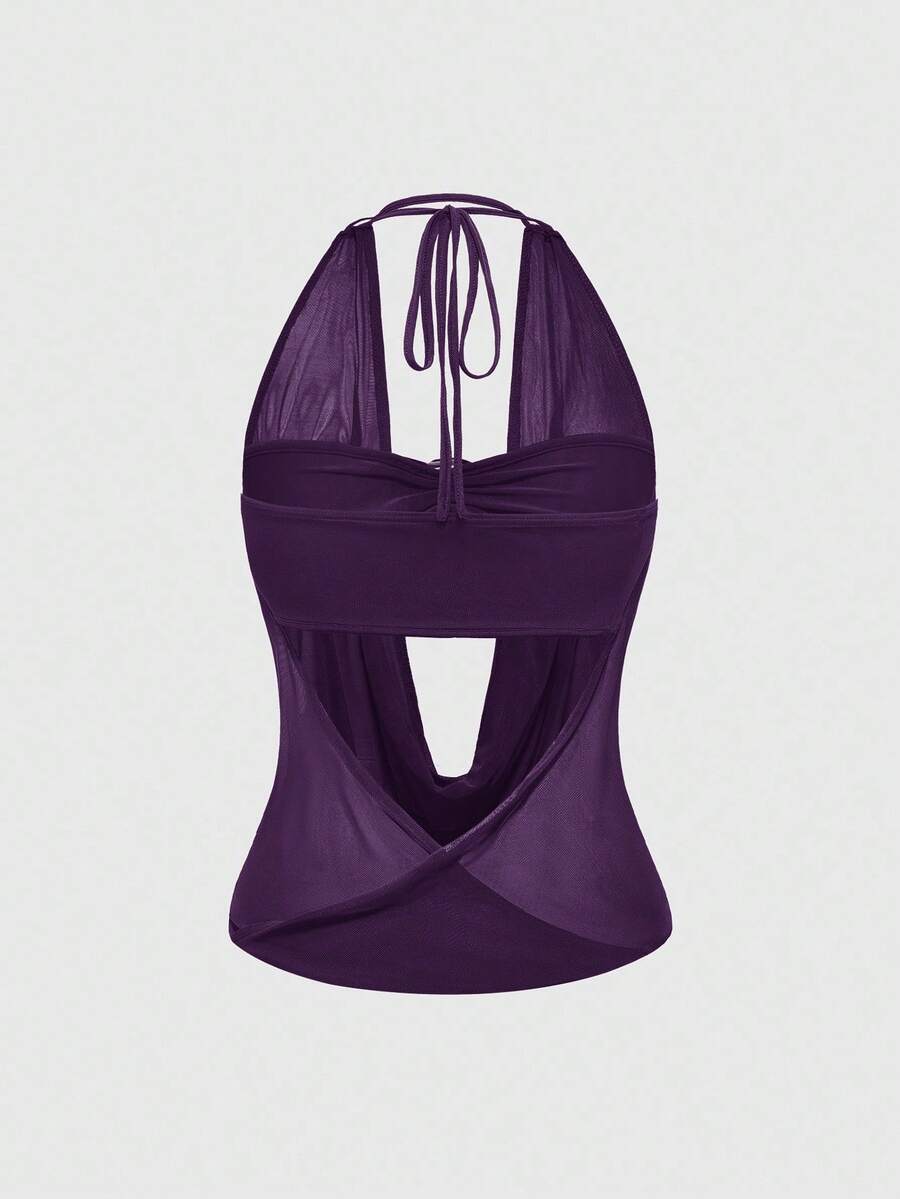 Women's cowl neck halter crop tank top featuring a draped backless design and matching bandeau inner layer.