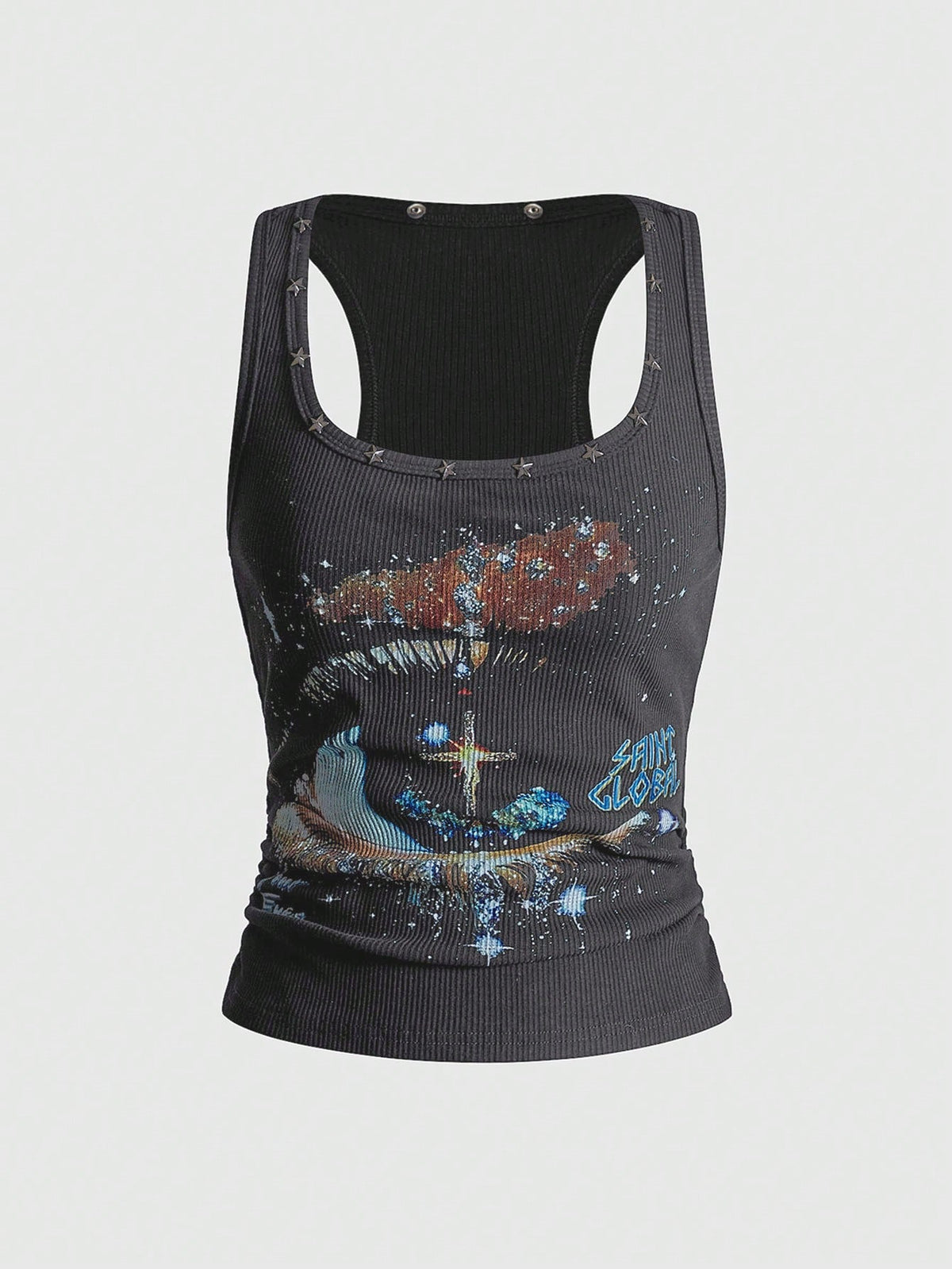Black scoop neck tank top for women featuring a graphic star print design in a slim fit silhouette.