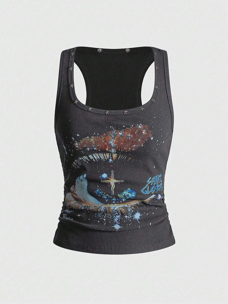 Black scoop neck tank top for women featuring a graphic star print design in a slim fit silhouette.