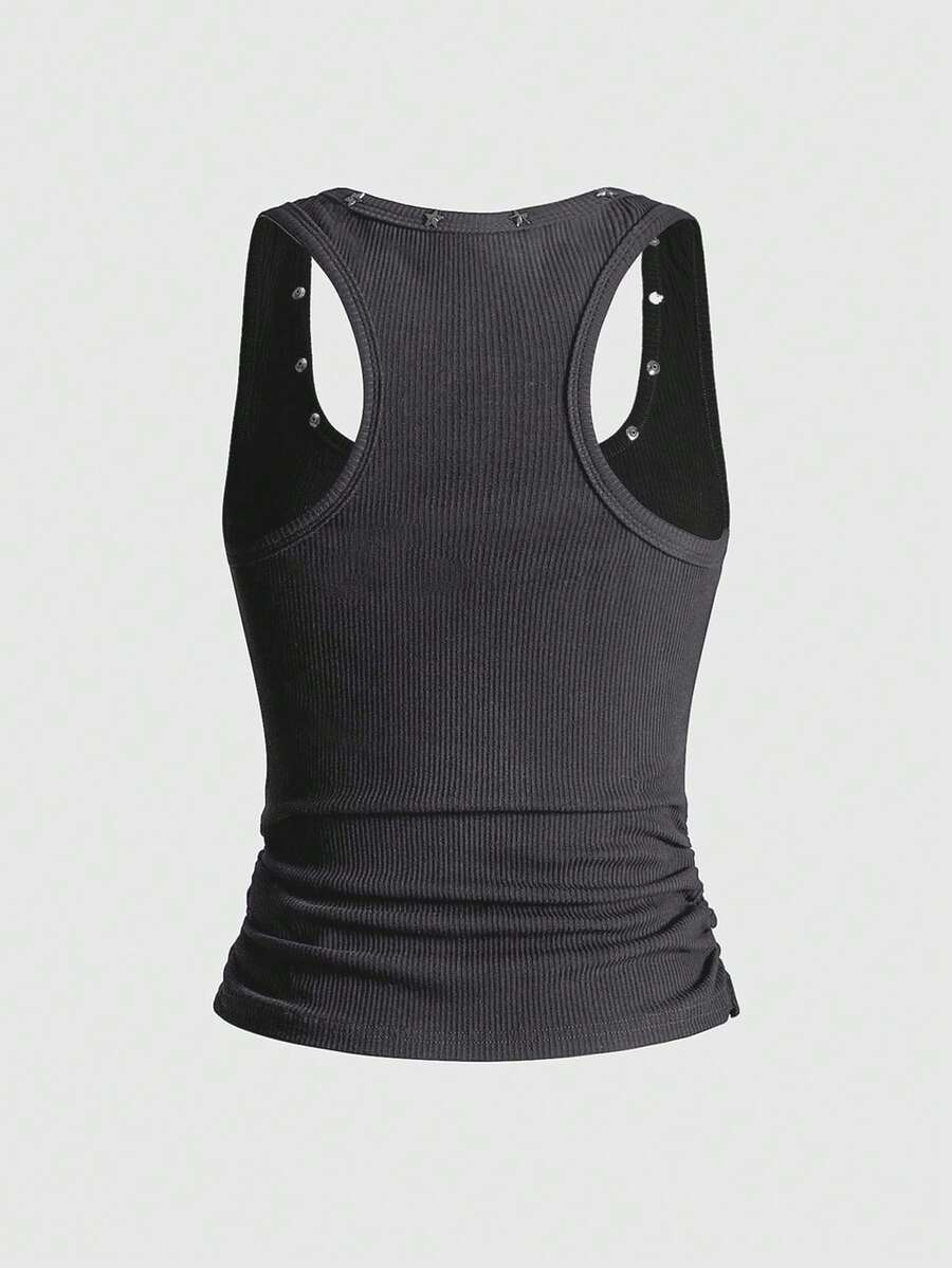 Black scoop neck tank top for women featuring a graphic star print design in a slim fit silhouette.