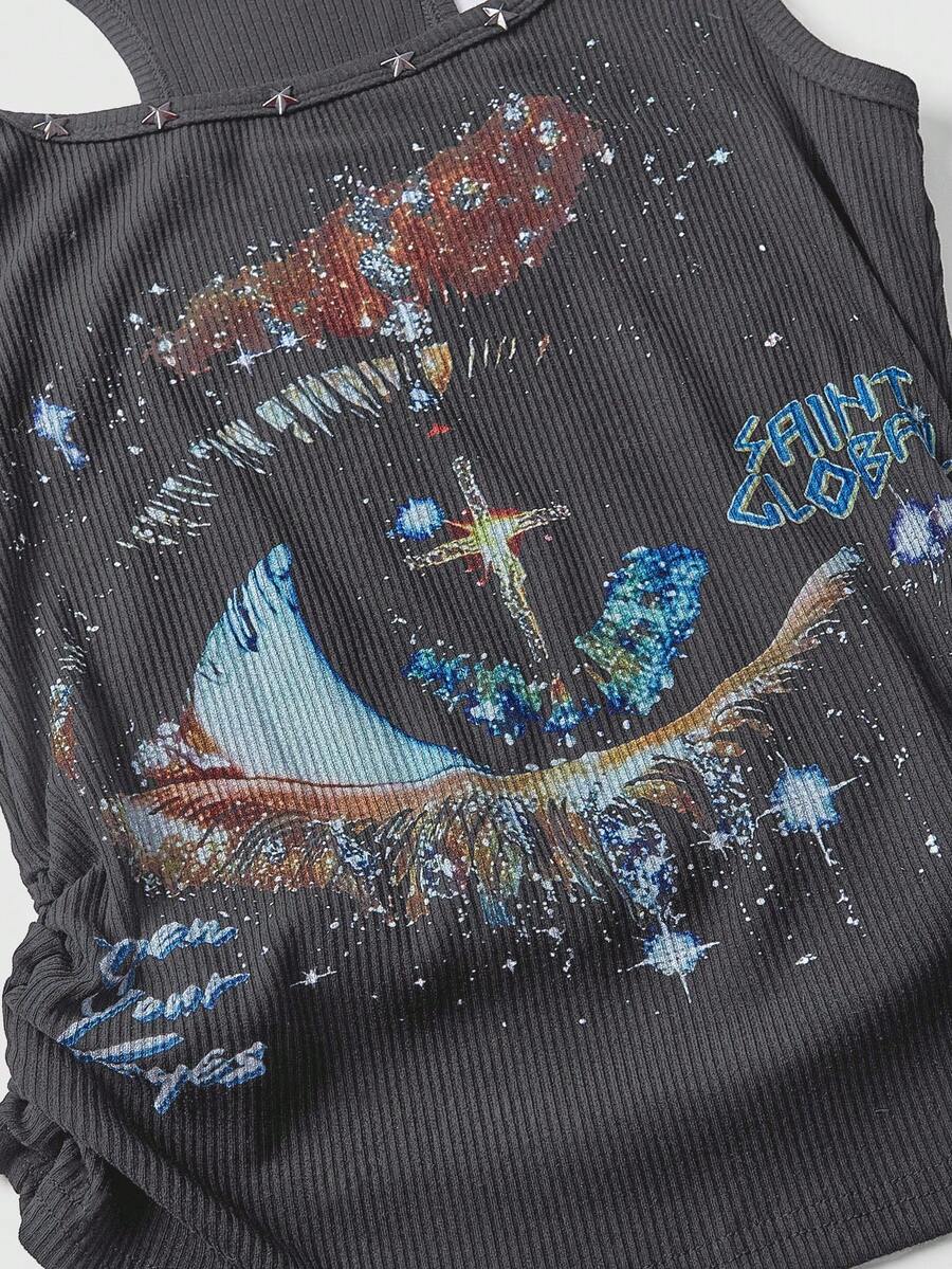 Black scoop neck tank top for women featuring a graphic star print design in a slim fit silhouette.