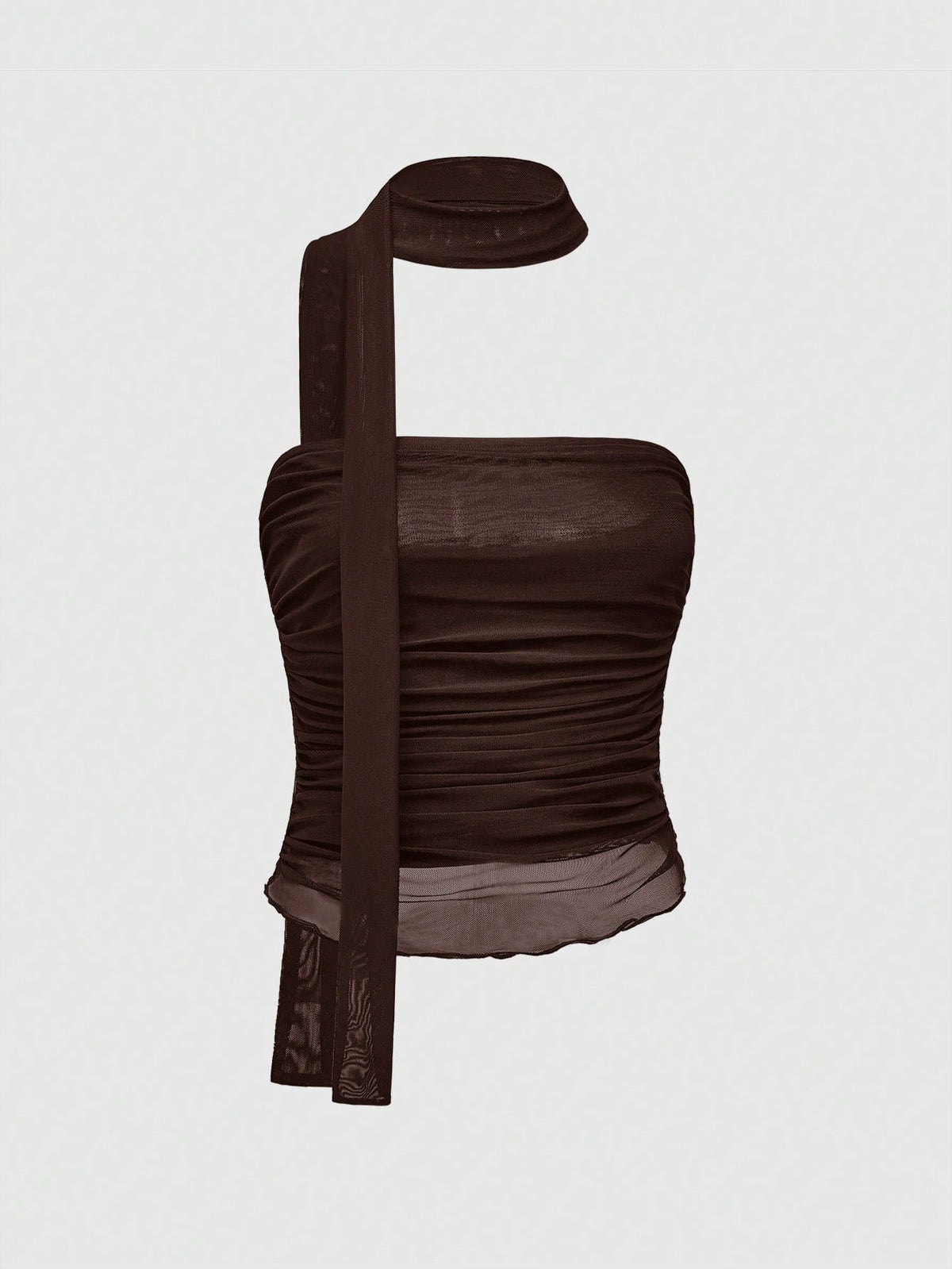 Women's black polka dot strapless tube top made of ruched mesh fabric featuring an asymmetrical hem and matching scarf.