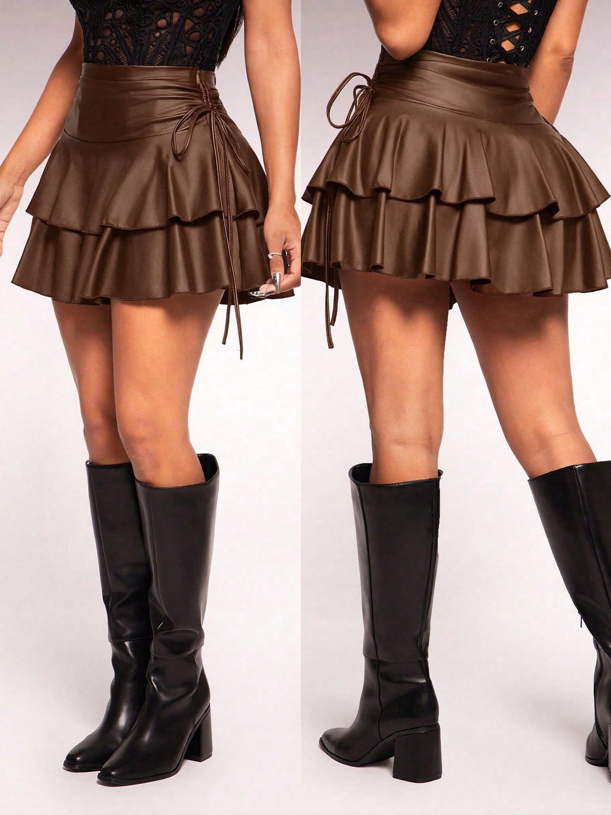 Women's black PU coated layered ruffle mini skirt featuring a high waist, tiered ruffle hem, and zipper detail.