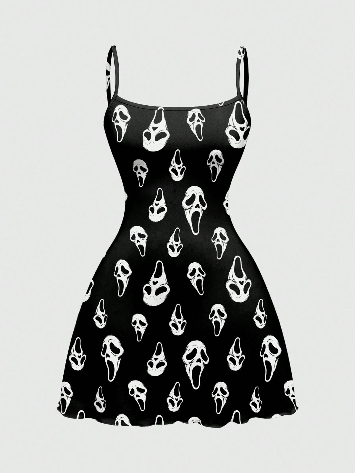 Women's black backless cami mini dress featuring spaghetti straps, lettuce trim, and a flared hem in high stretch knitted fabric.