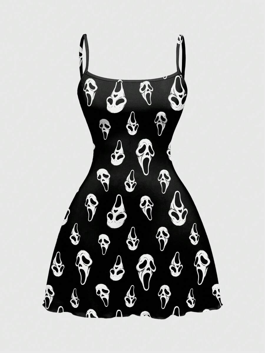 Women's black backless cami mini dress featuring spaghetti straps, lettuce trim, and a flared hem in high stretch knitted fabric.