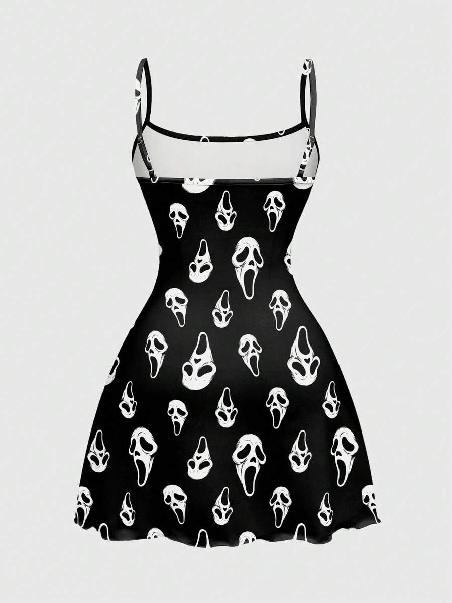 Women's black backless cami mini dress featuring spaghetti straps, lettuce trim, and a flared hem in high stretch knitted fabric.