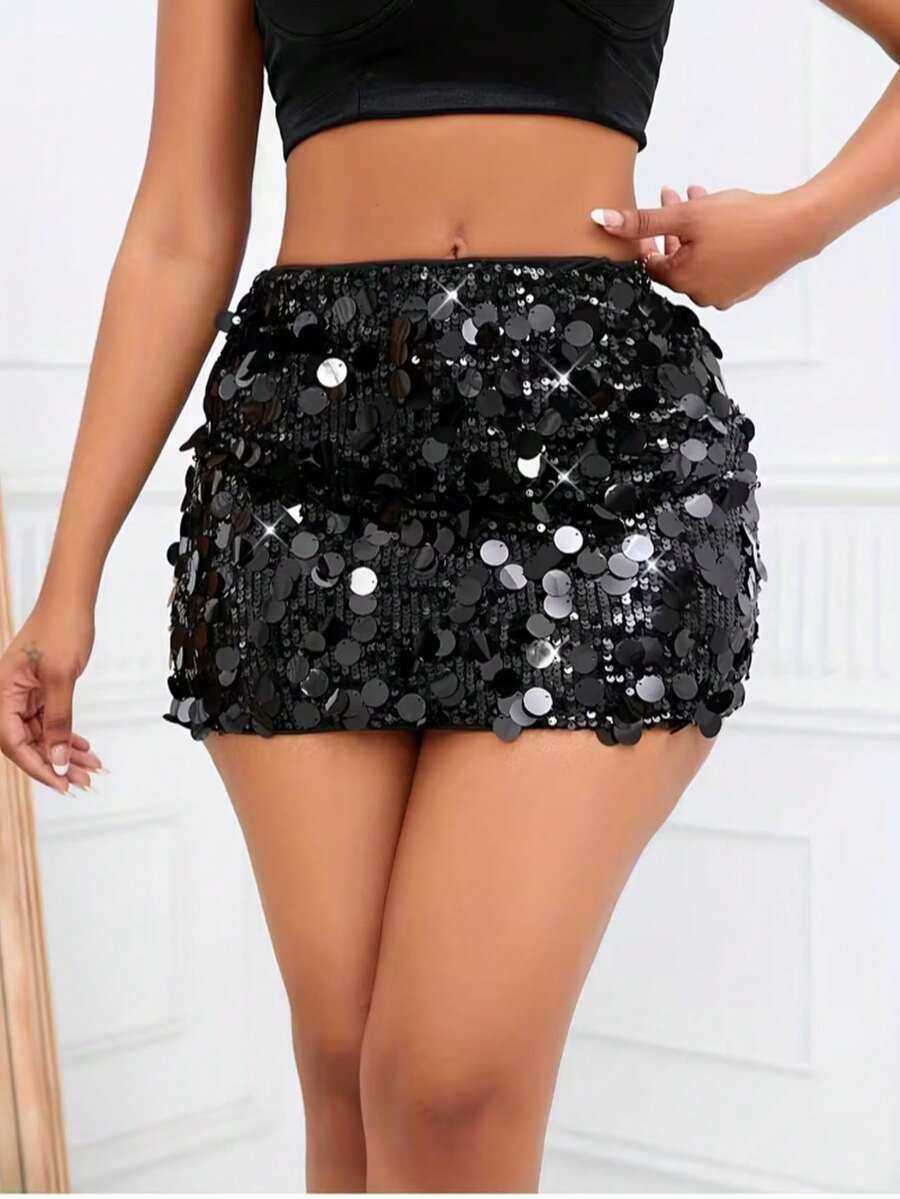 Women's high waist black sequin bodycon mini skirt featuring sparkling embellishments, unlined polyester fabric, ideal for night out and party wear.