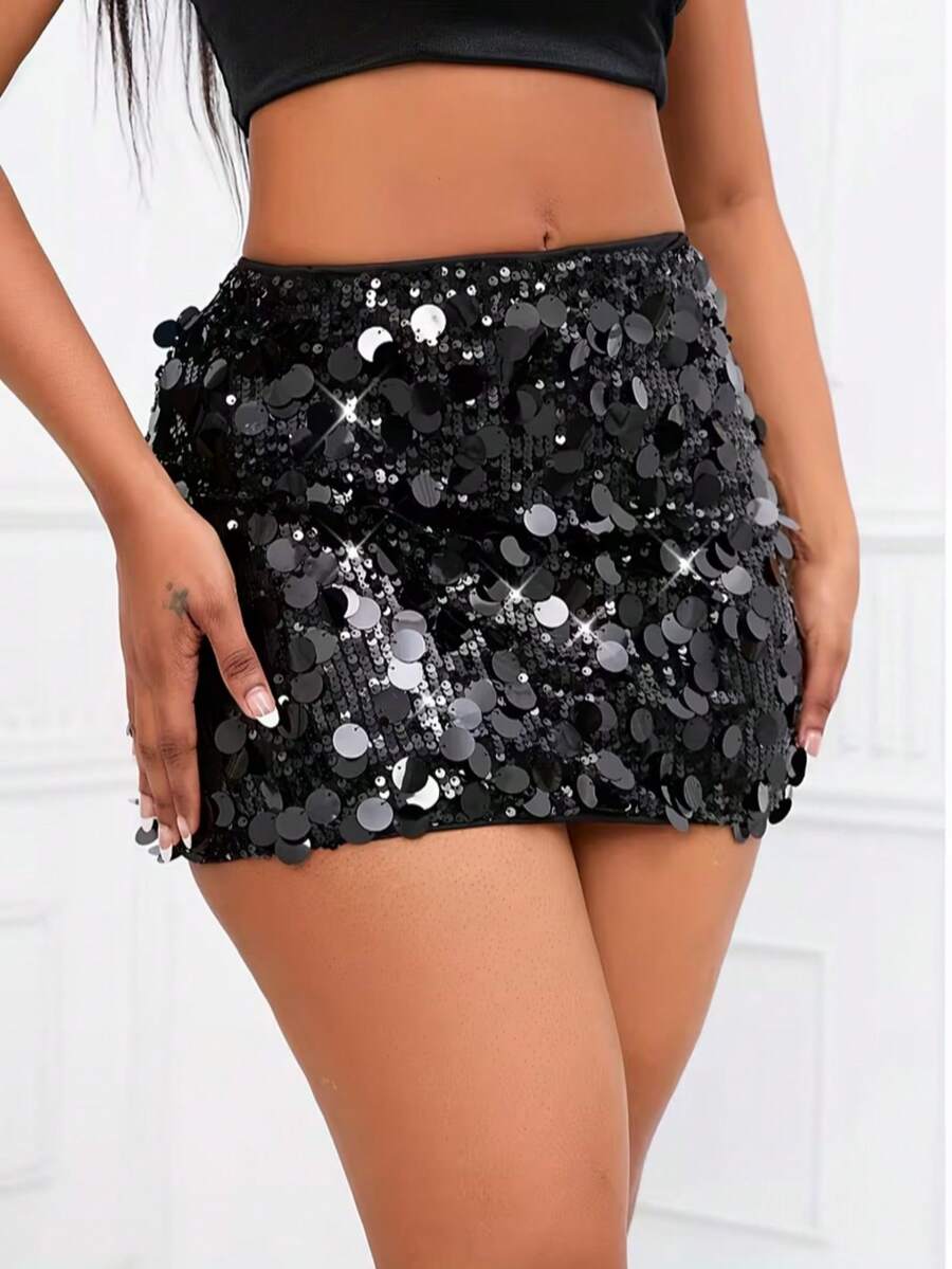 Women's high waist black sequin bodycon mini skirt featuring sparkling embellishments, unlined polyester fabric, ideal for night out and party wear.
