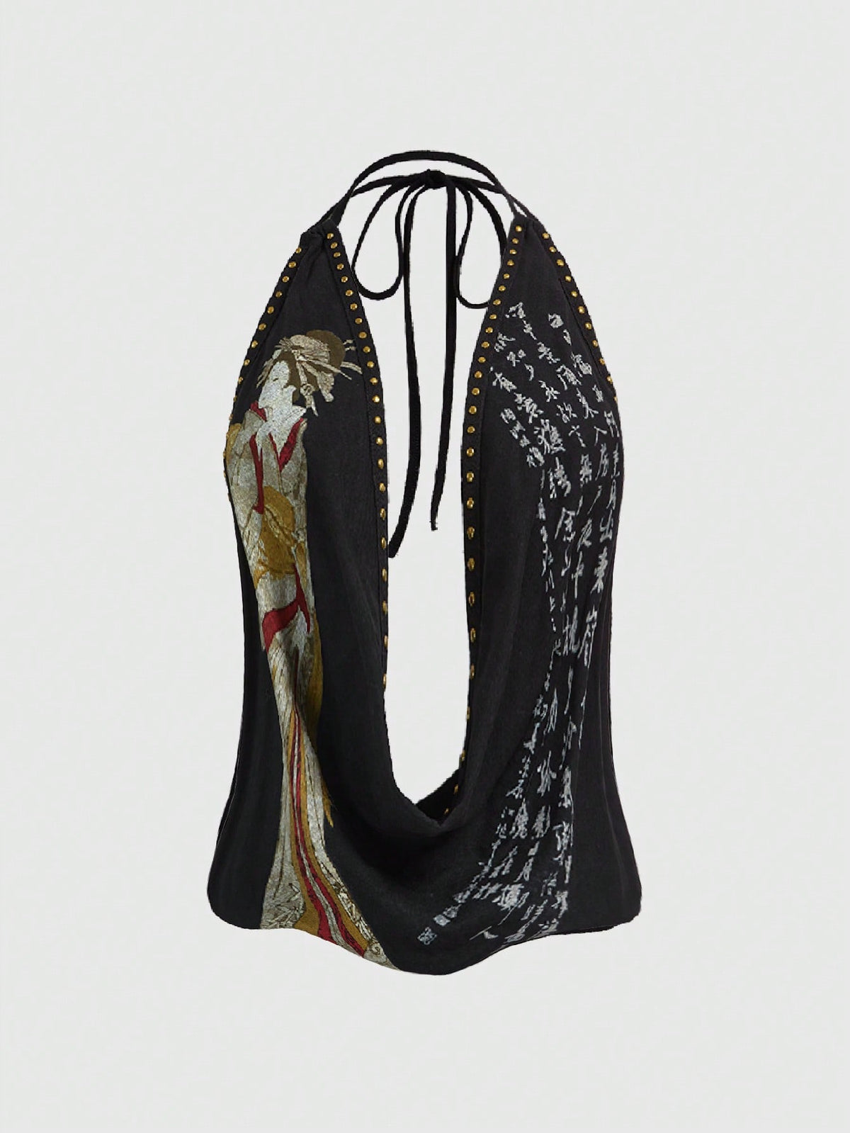 Women's black backless halter crop top featuring a V-neckline, tie-back detail, and asymmetrical hem.
