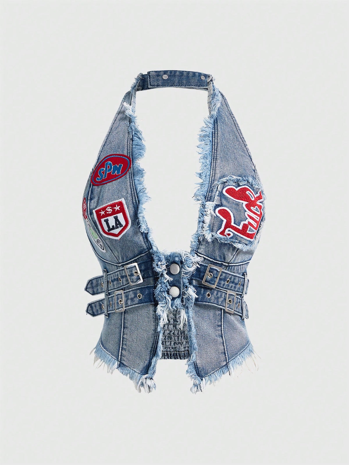 Women's denim halter crop top featuring a backless design, asymmetrical hem, single-breasted front, and lettuce trim.