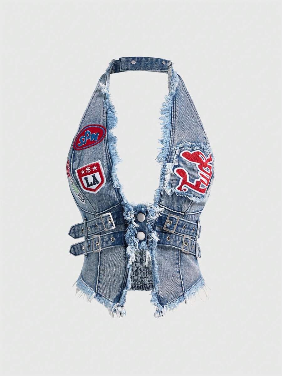 Women's denim halter crop top featuring a backless design, asymmetrical hem, single-breasted front, and lettuce trim.