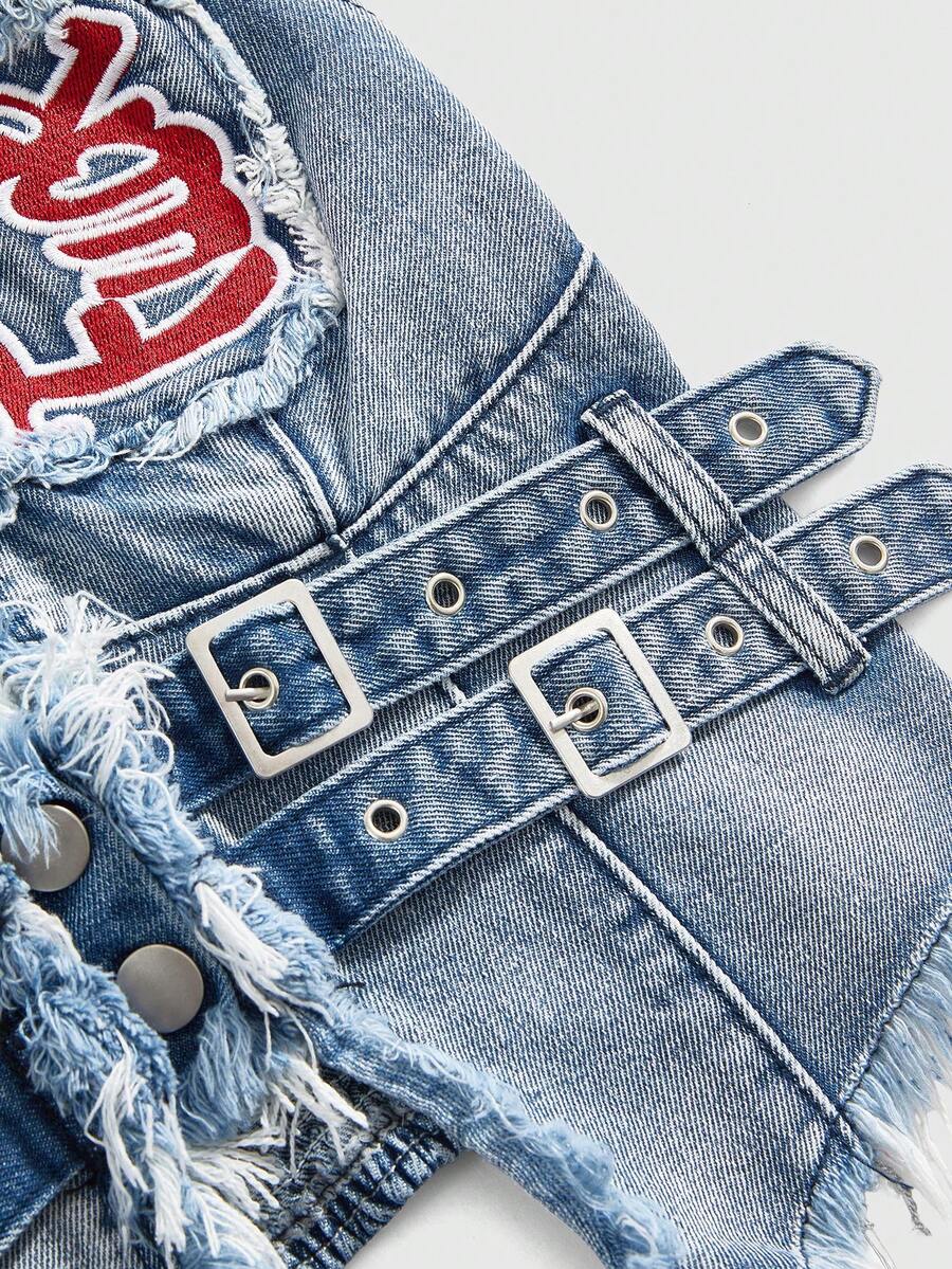 Women's denim halter crop top featuring a backless design, asymmetrical hem, single-breasted front, and lettuce trim.