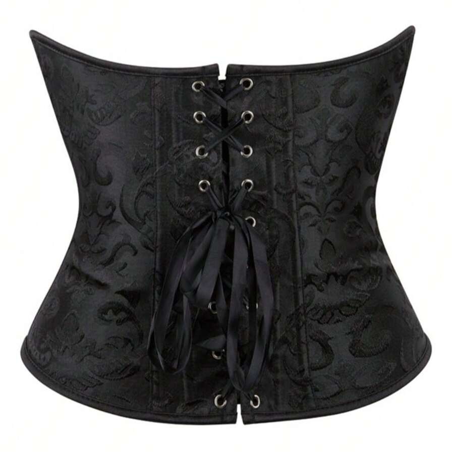 Vintage lace-up waist trainer corset with grommet eyelet details and plant pattern, designed for Halloween styling.