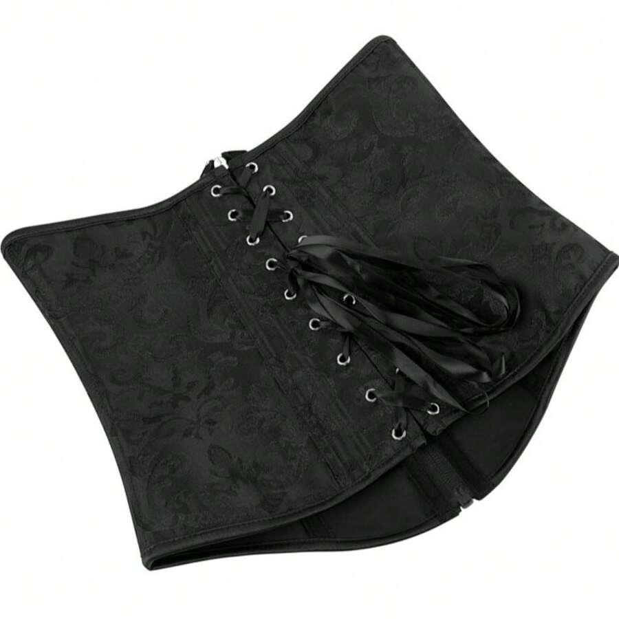 Vintage lace-up waist trainer corset with grommet eyelet details and plant pattern, designed for Halloween styling.