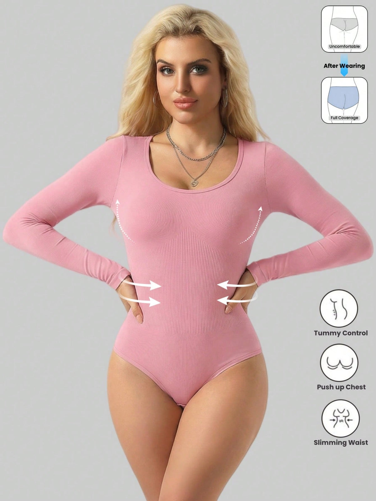 Black seamless long sleeve crew neck shapewear bodysuit for women featuring full coverage tummy control.