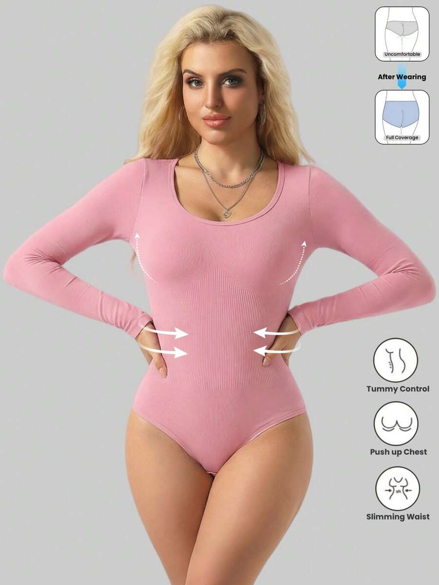 Black seamless long sleeve crew neck shapewear bodysuit for women featuring full coverage tummy control.
