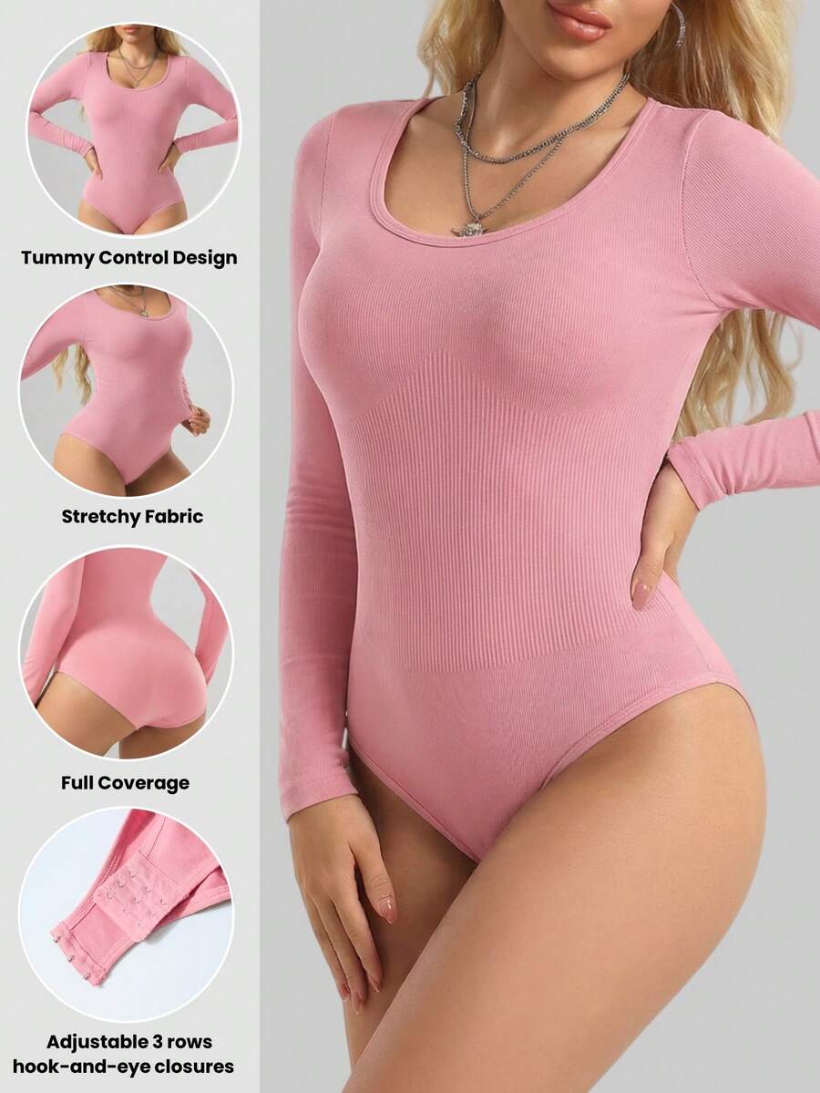 Black seamless long sleeve crew neck shapewear bodysuit for women featuring full coverage tummy control.