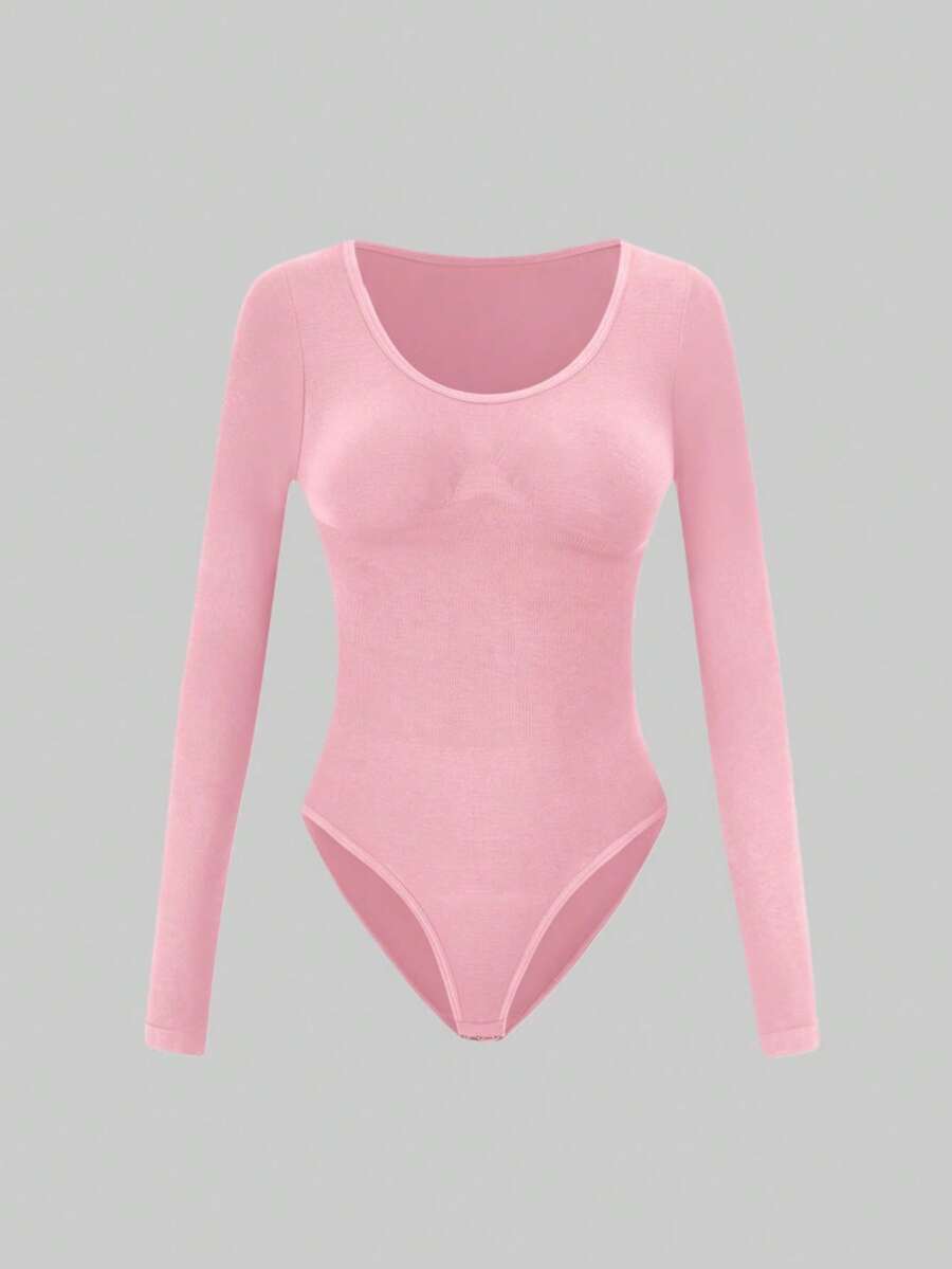 Black seamless long sleeve crew neck shapewear bodysuit for women featuring full coverage tummy control.