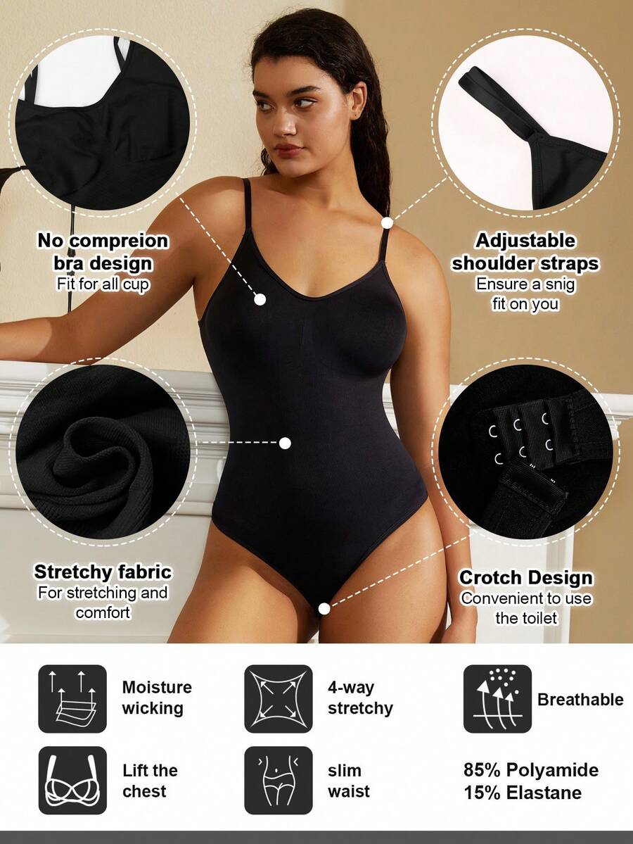 Brown seamless shapewear bodysuit featuring backless design, thong bottom, non-removable padding, and high-stretch fabric for tummy and waist control.