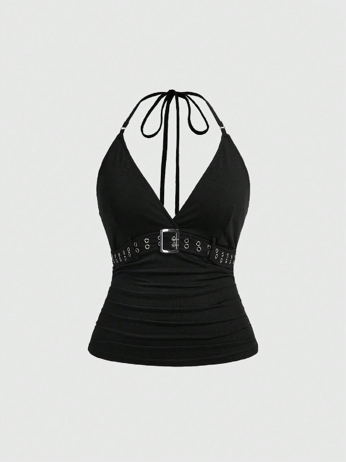 Black halter neck tank top for women featuring knot lace-up tie-back detailing in a slim fit knit fabric.