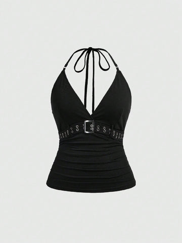 Black halter neck tank top for women featuring knot lace-up tie-back detailing in a slim fit knit fabric.
