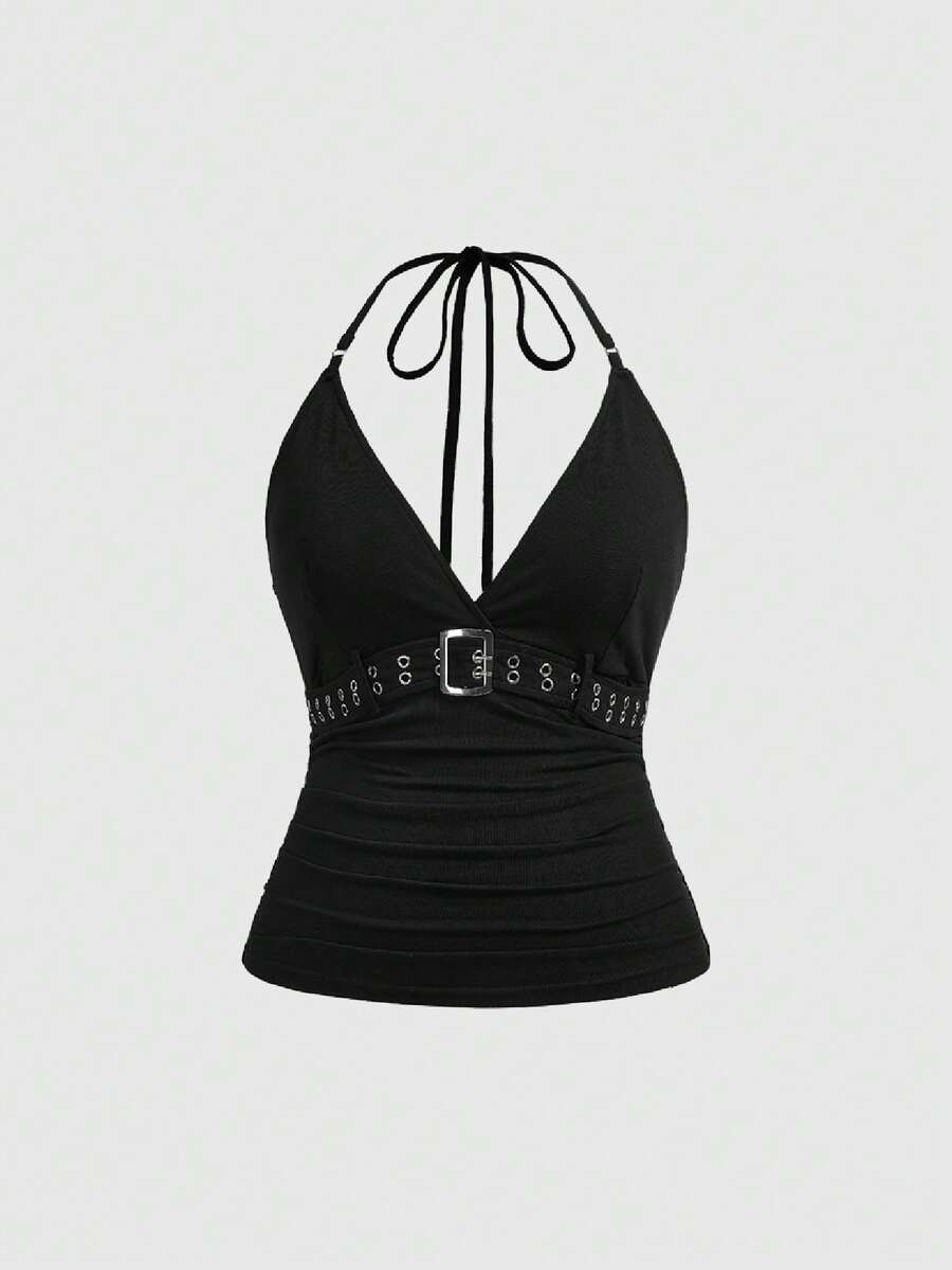 Black halter neck tank top for women featuring knot lace-up tie-back detailing in a slim fit knit fabric.