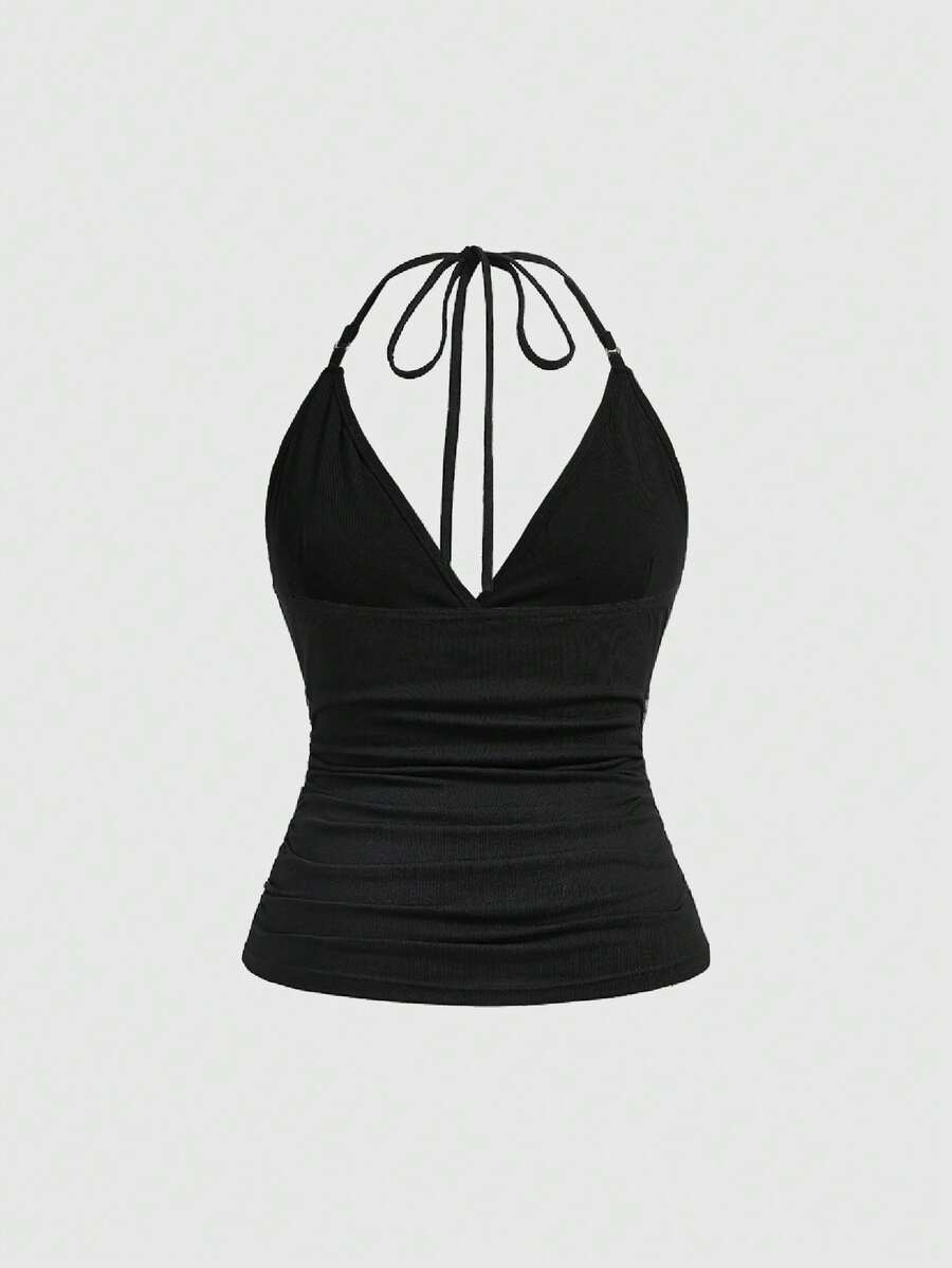 Black halter neck tank top for women featuring knot lace-up tie-back detailing in a slim fit knit fabric.