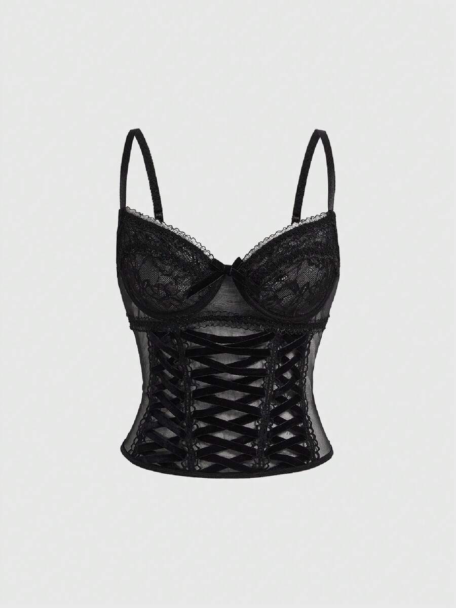 A slim-fit black fishbone underwire cami crop top for women featuring spaghetti straps, contrast lace trim, cut-out details, and matching arm sleeves.